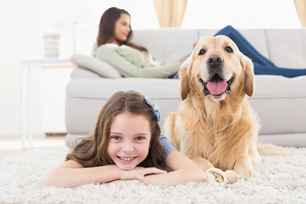 young girl next to dog